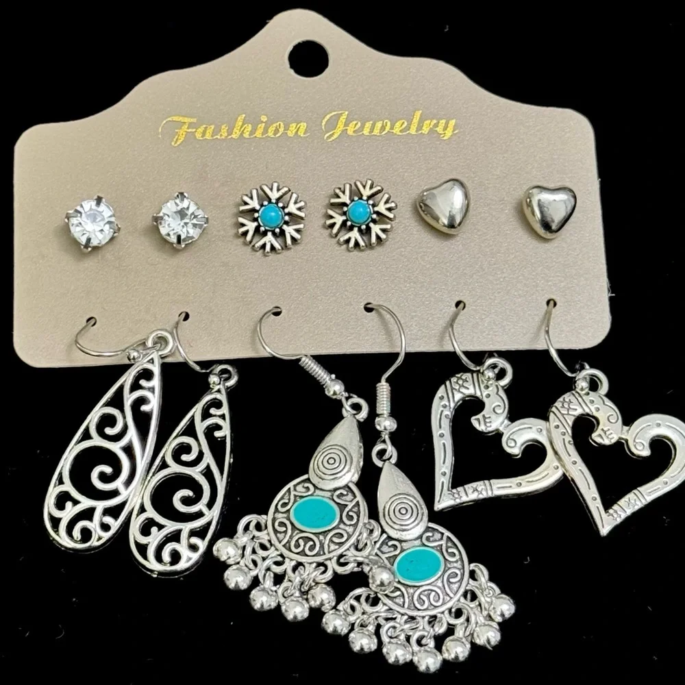 6 Pair Earring Set-Turquoise Drops+Heart Hoops+Stud Bundle - Picture 3 of 4